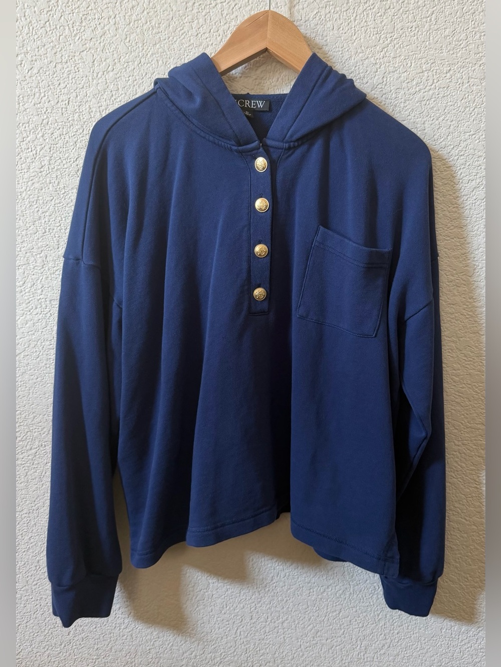 J CREW Women’s XL Coastal Terry Mariner Navy Hoodie Gold Crest Buttons